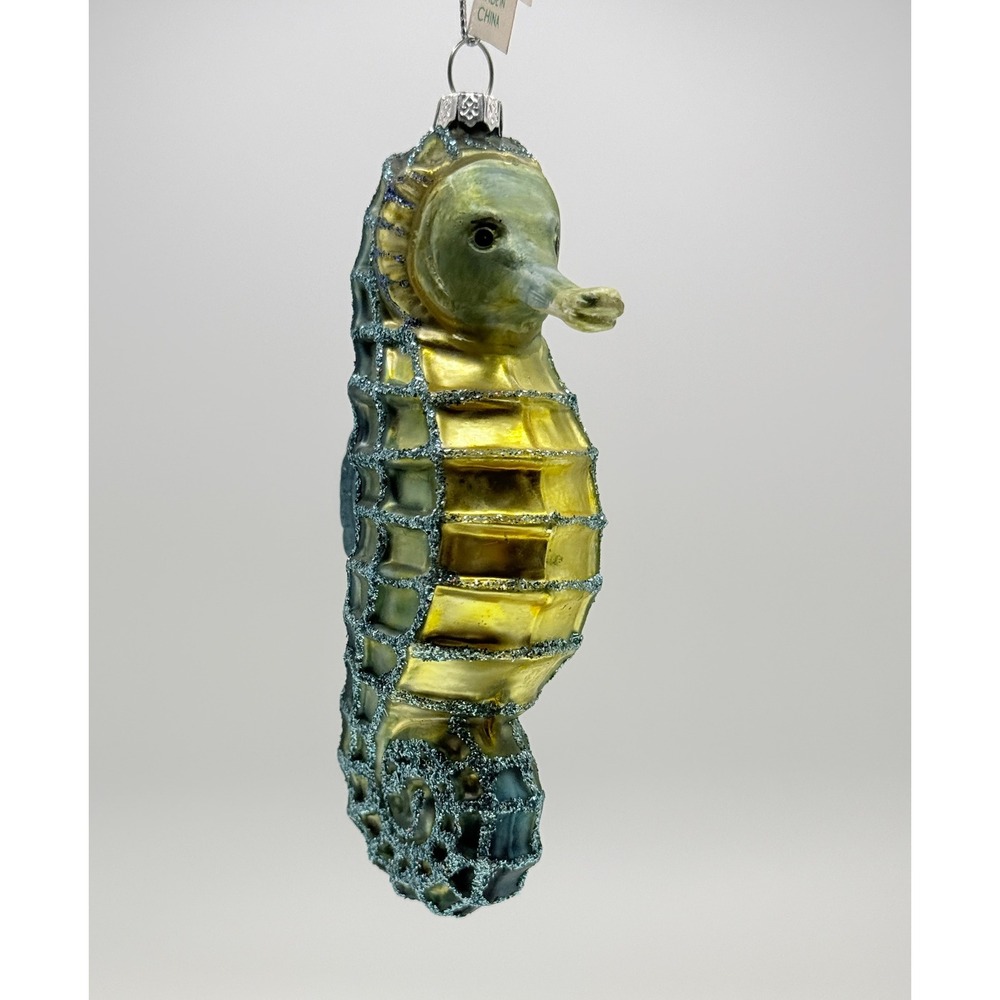 Glass Seahorse Christmas Ornament Blue Yellow Glitter Coastal Nautical Decor - Picture 4 of 6